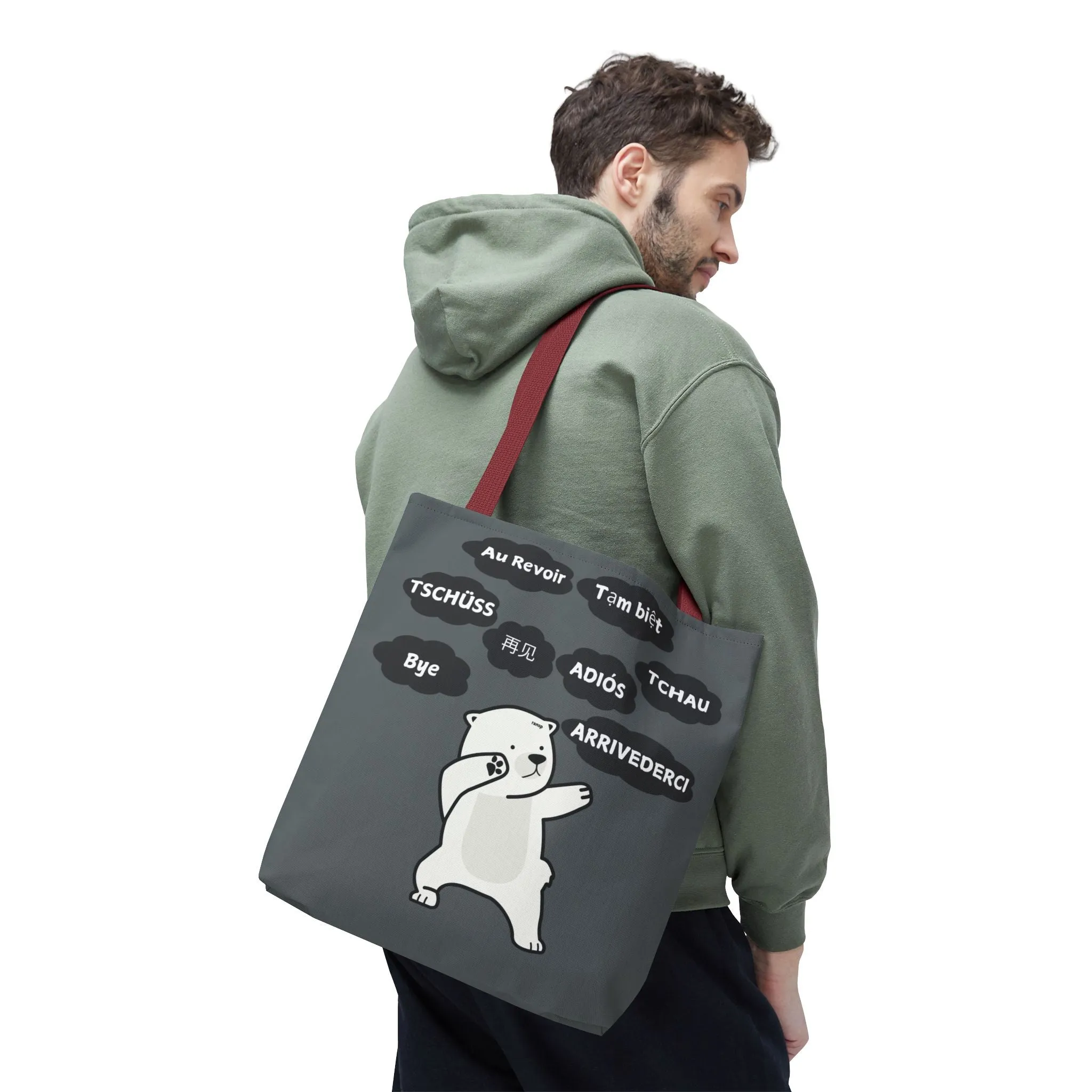 Dark Grey Multilingual Farewell Tote Bag with Dancing Bear Design- Perfect for Friendship Gifts, Bag for Shopping, Everyday Shopping bag
