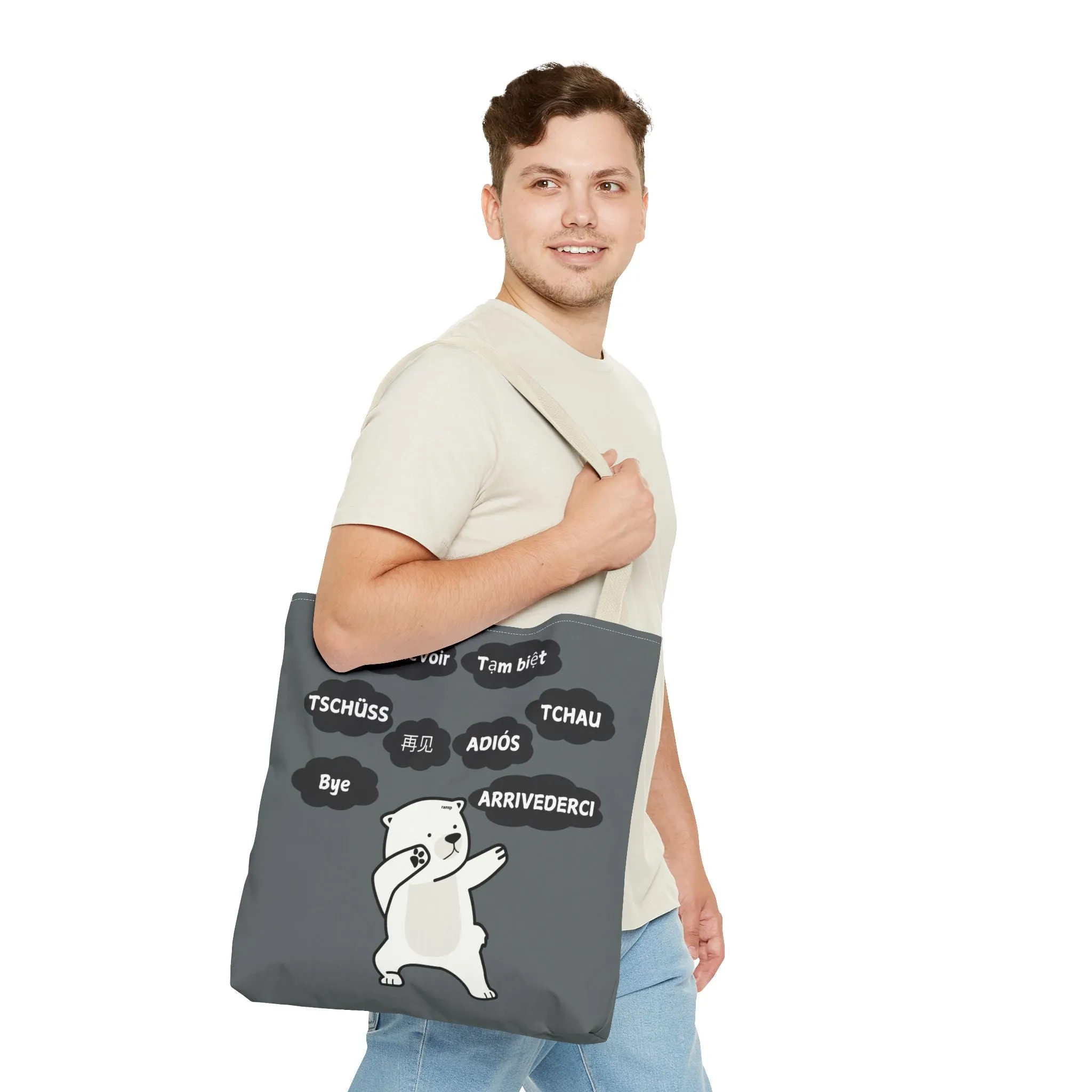 Dark Grey Multilingual Farewell Tote Bag with Dancing Bear Design- Perfect for Friendship Gifts, Bag for Shopping, Everyday Shopping bag