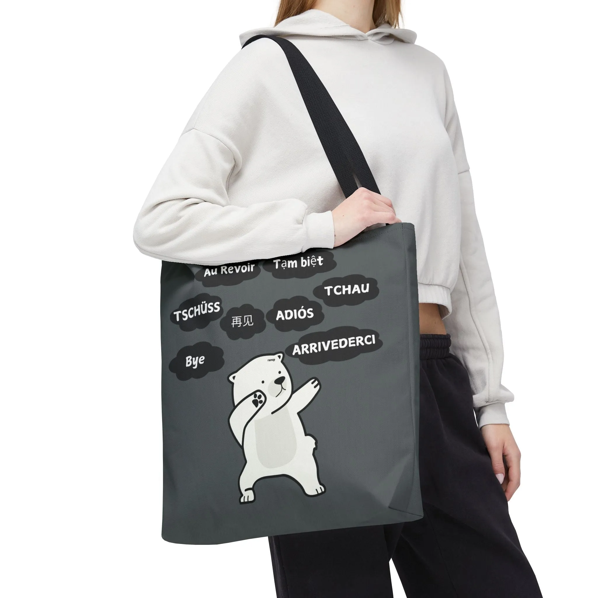 Dark Grey Multilingual Farewell Tote Bag with Dancing Bear Design- Perfect for Friendship Gifts, Bag for Shopping, Everyday Shopping bag