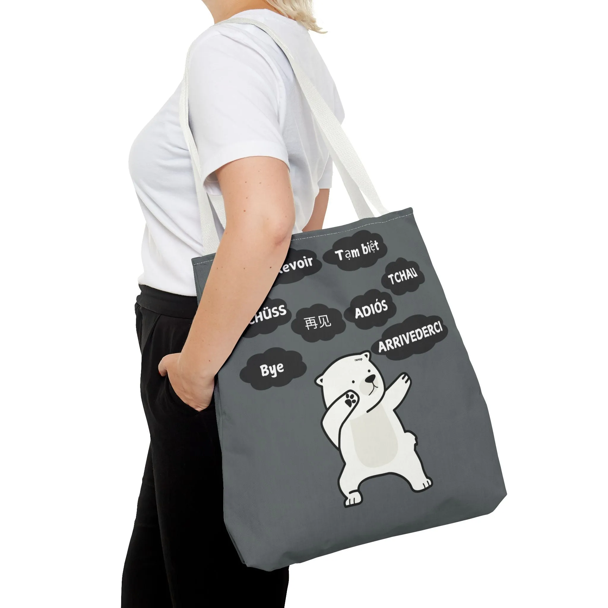 Dark Grey Multilingual Farewell Tote Bag with Dancing Bear Design- Perfect for Friendship Gifts, Bag for Shopping, Everyday Shopping bag