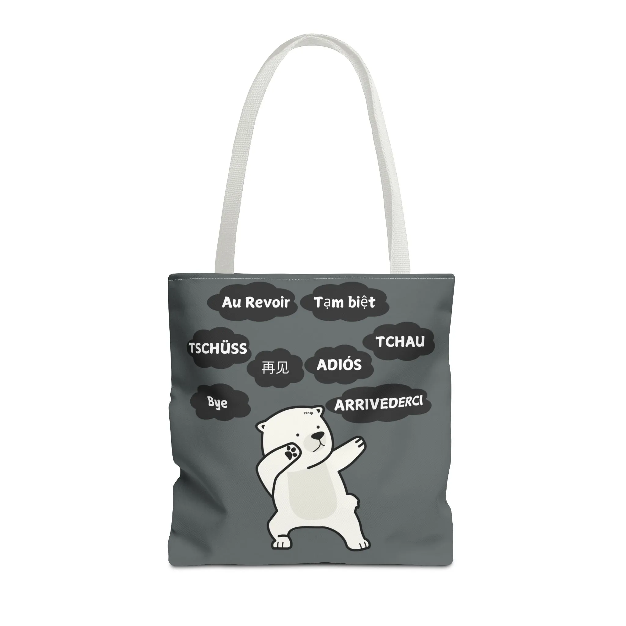 Dark Grey Multilingual Farewell Tote Bag with Dancing Bear Design- Perfect for Friendship Gifts, Bag for Shopping, Everyday Shopping bag