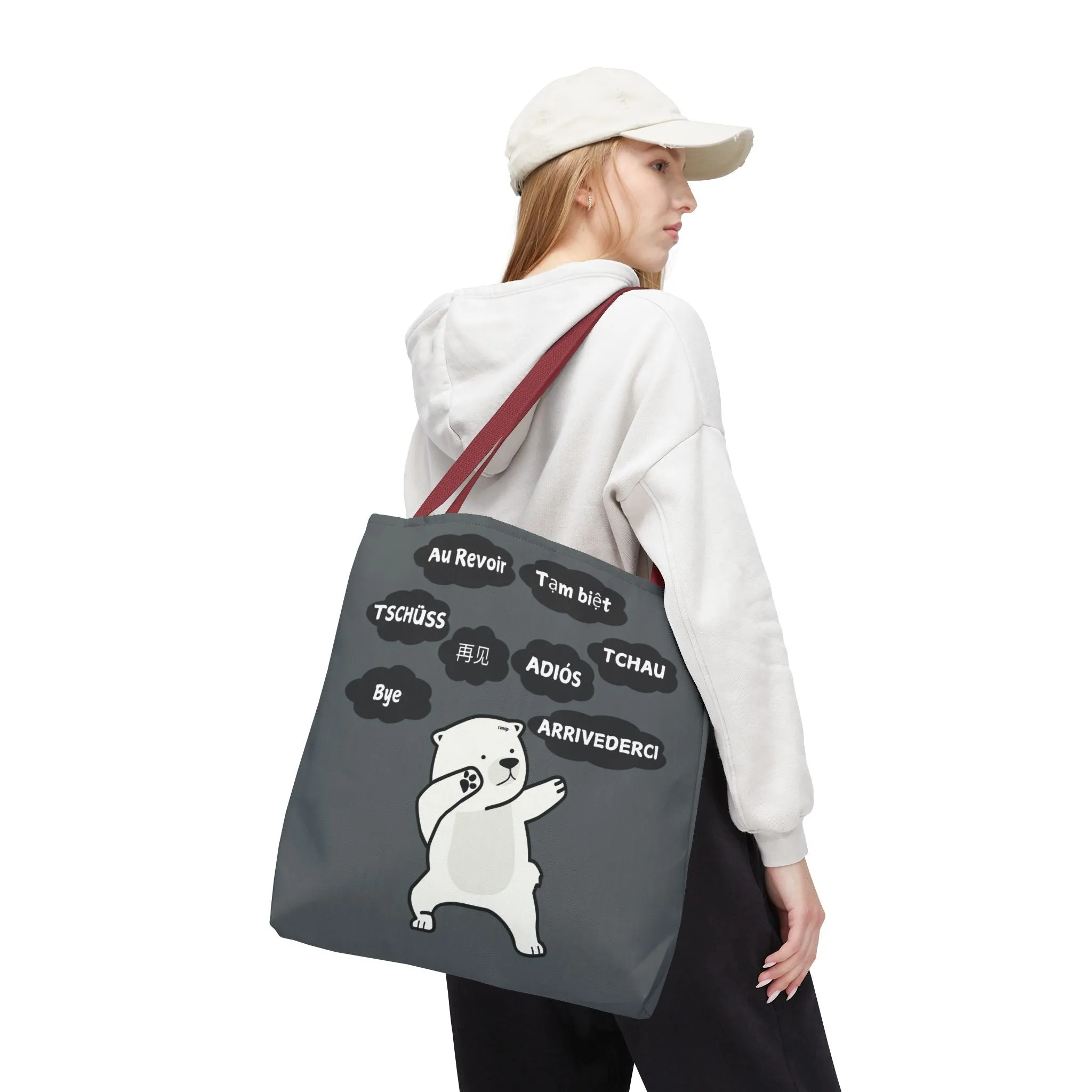 Dark Grey Multilingual Farewell Tote Bag with Dancing Bear Design- Perfect for Friendship Gifts, Bag for Shopping, Everyday Shopping bag