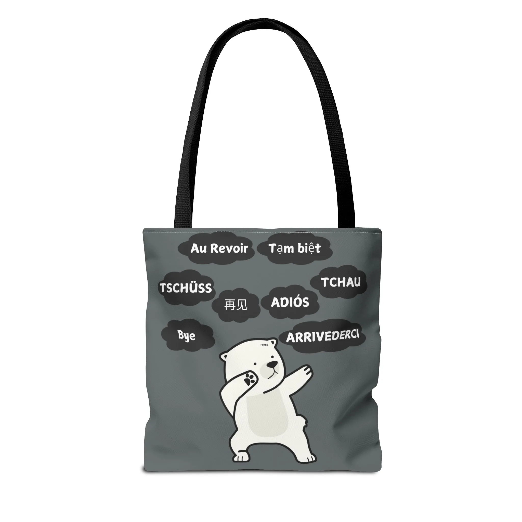 Dark Grey Multilingual Farewell Tote Bag with Dancing Bear Design- Perfect for Friendship Gifts, Bag for Shopping, Everyday Shopping bag