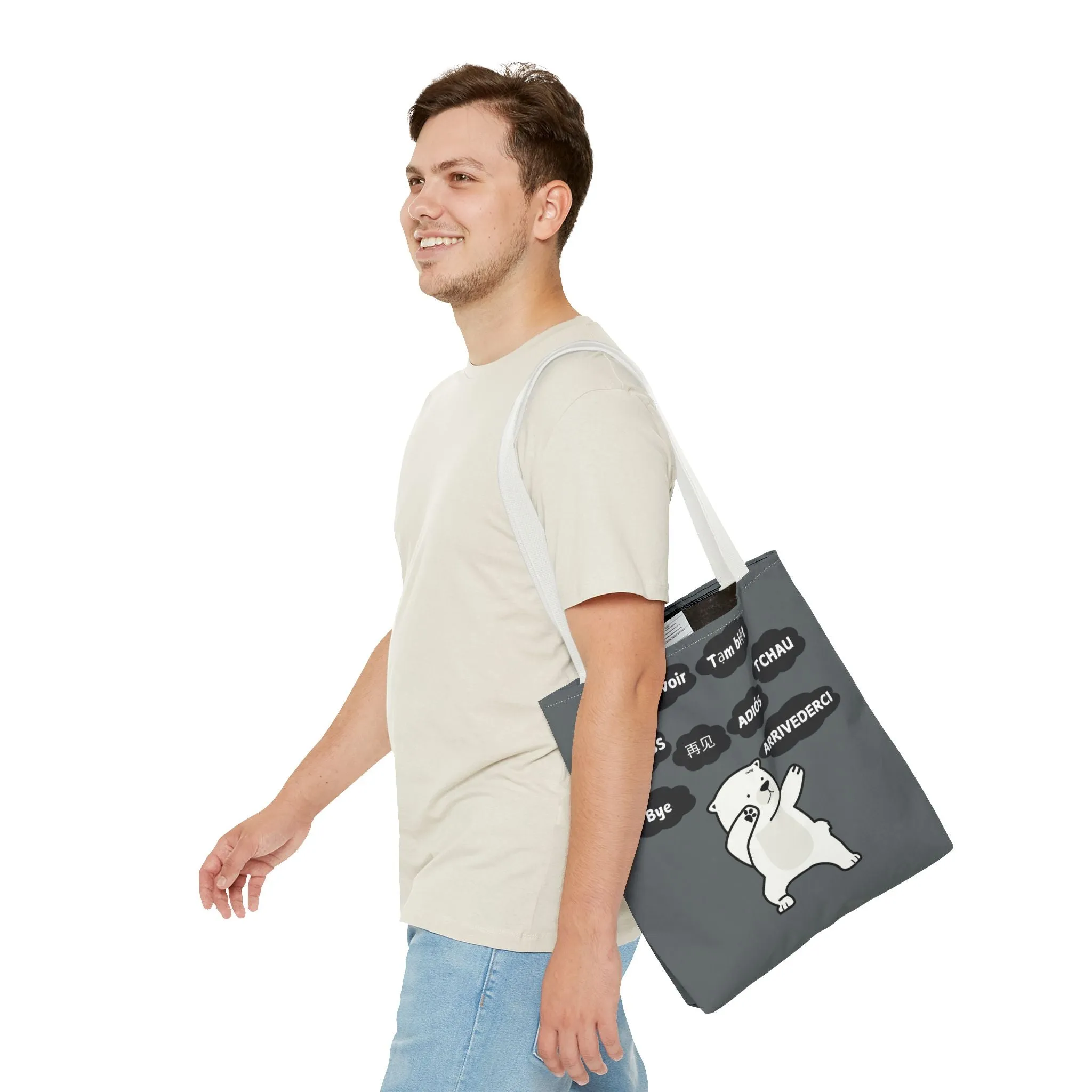 Dark Grey Multilingual Farewell Tote Bag with Dancing Bear Design- Perfect for Friendship Gifts, Bag for Shopping, Everyday Shopping bag
