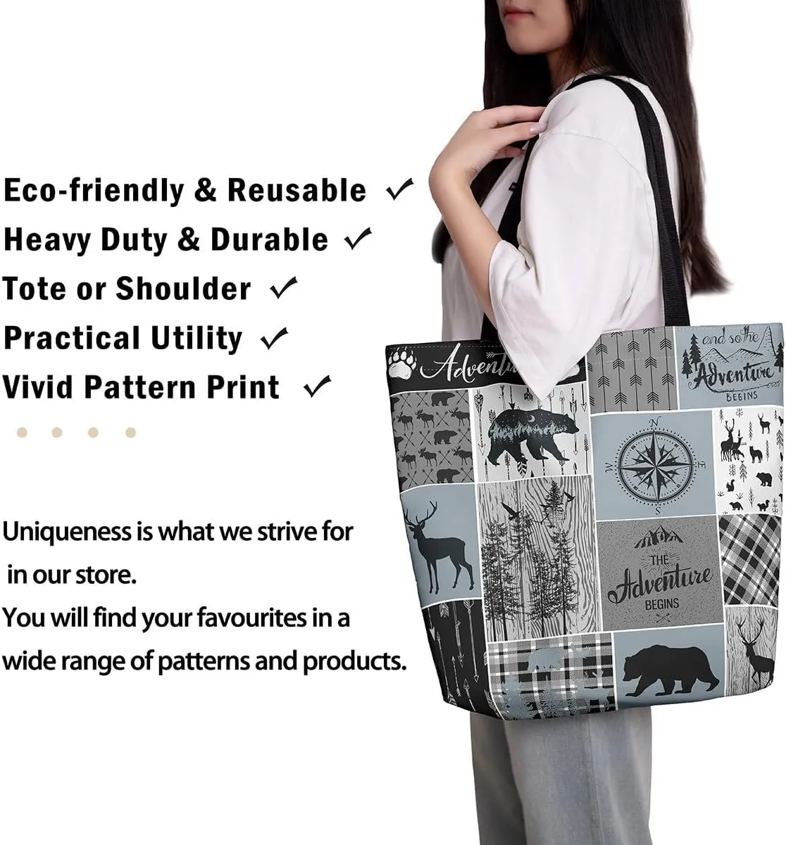 Deer Bear Canvas Tote Bag, Rustic Farmhouse Tote Bag Cabin Wildlife Shopping Grocery Bags