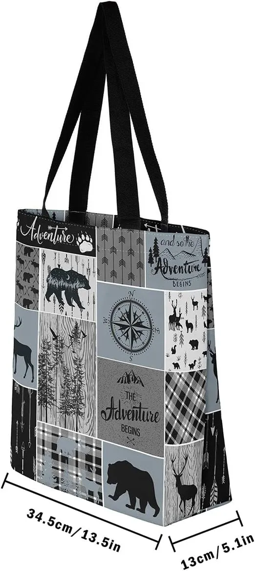 Deer Bear Canvas Tote Bag, Rustic Farmhouse Tote Bag Cabin Wildlife Shopping Grocery Bags