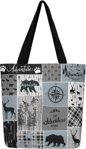 Deer Bear Canvas Tote Bag, Rustic Farmhouse Tote Bag Cabin Wildlife Shopping Grocery Bags