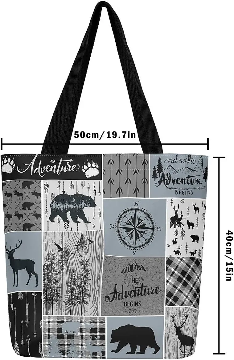 Deer Bear Canvas Tote Bag, Rustic Farmhouse Tote Bag Cabin Wildlife Shopping Grocery Bags