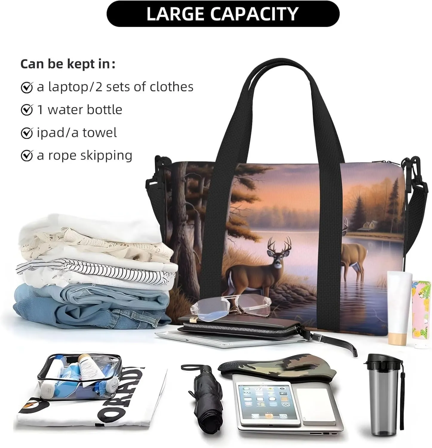 Deers Fall Trees Travel Duffel Bags for Women Men, Sports Training Gym Bag Dance Bag with Adjustable Shoulder Strap Animal in the River Weekender Overnight Bag