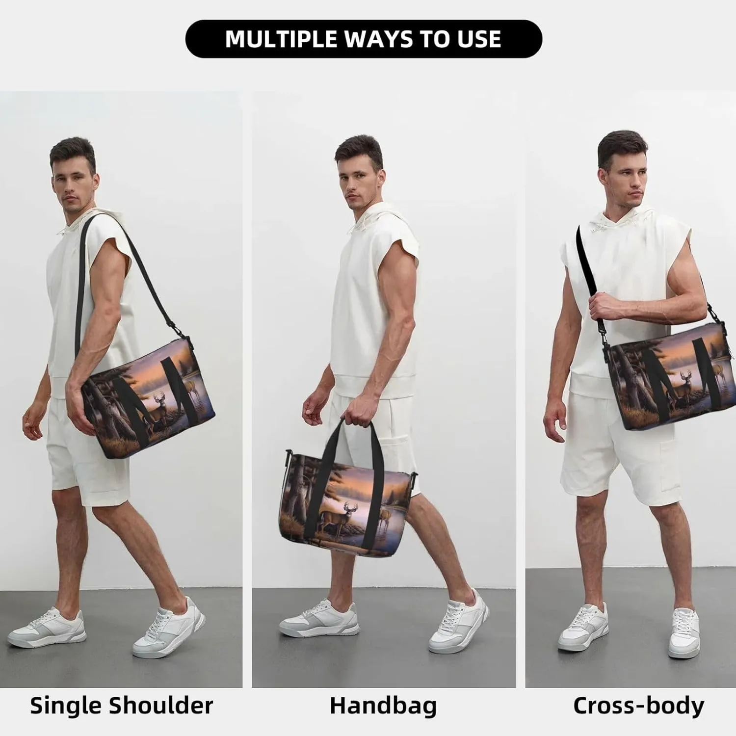 Deers Fall Trees Travel Duffel Bags for Women Men, Sports Training Gym Bag Dance Bag with Adjustable Shoulder Strap Animal in the River Weekender Overnight Bag