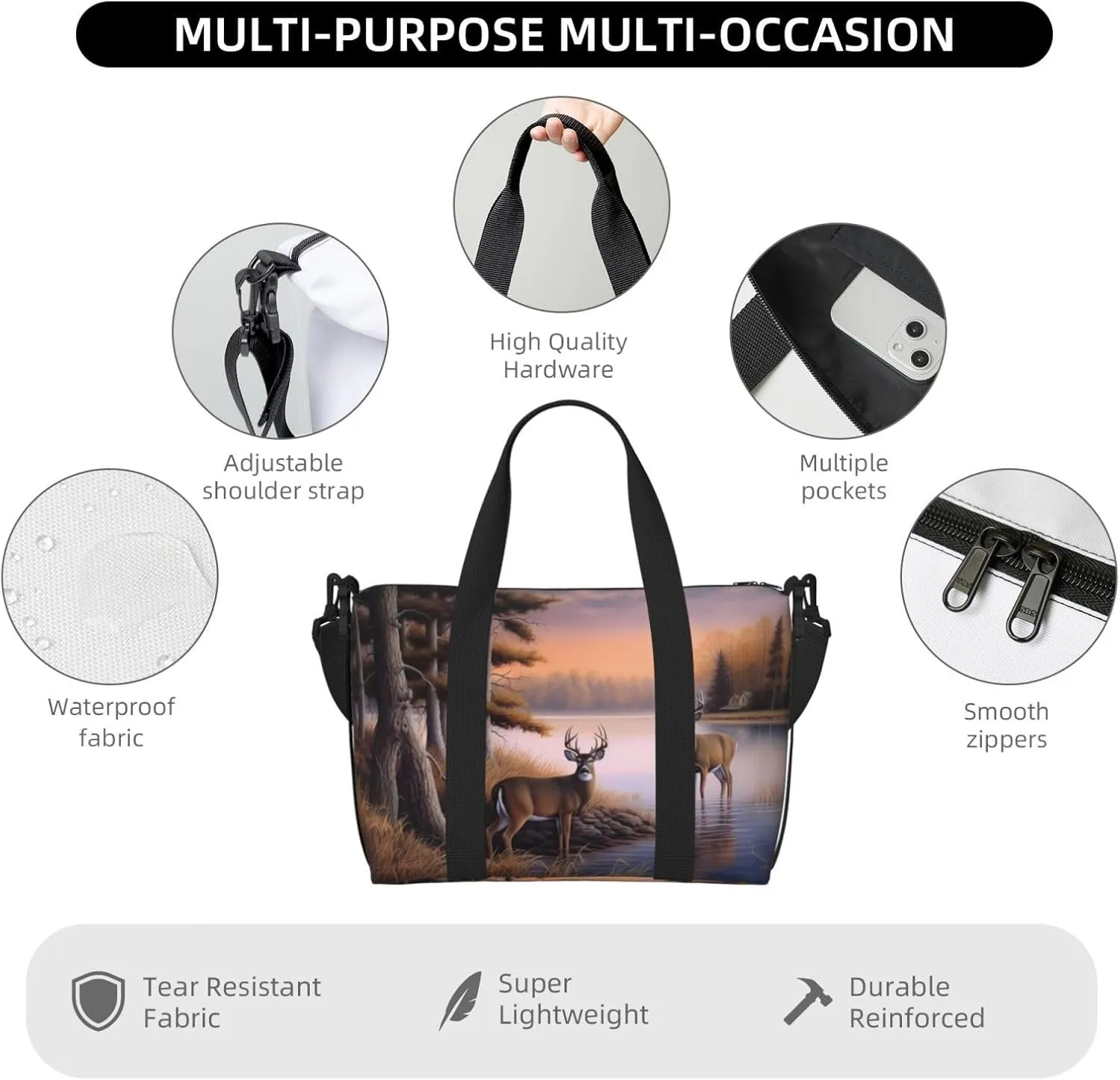 Deers Fall Trees Travel Duffel Bags for Women Men, Sports Training Gym Bag Dance Bag with Adjustable Shoulder Strap Animal in the River Weekender Overnight Bag