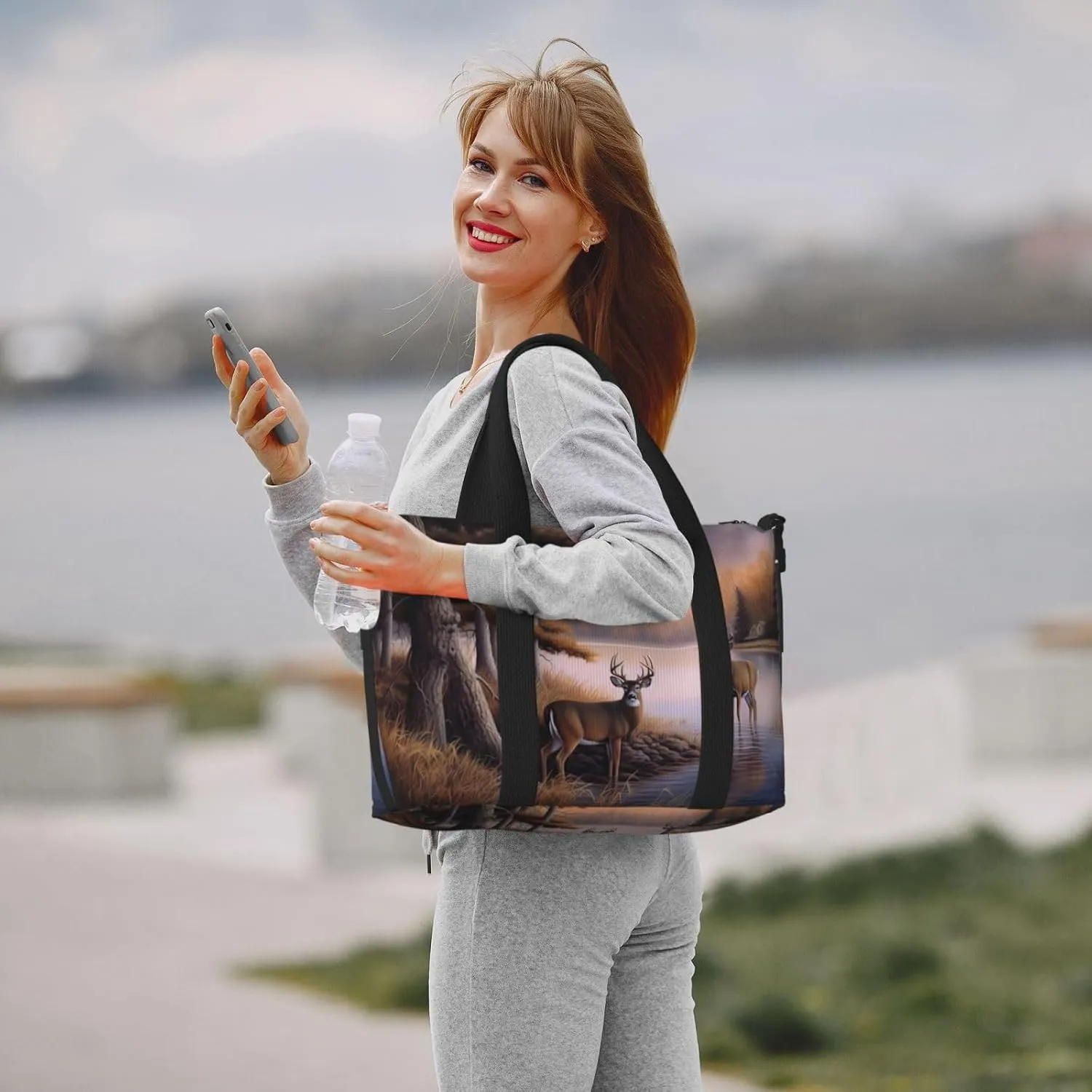 Deers Fall Trees Travel Duffel Bags for Women Men, Sports Training Gym Bag Dance Bag with Adjustable Shoulder Strap Animal in the River Weekender Overnight Bag