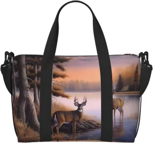 Deers Fall Trees Travel Duffel Bags for Women Men, Sports Training Gym Bag Dance Bag with Adjustable Shoulder Strap Animal in the River Weekender Overnight Bag