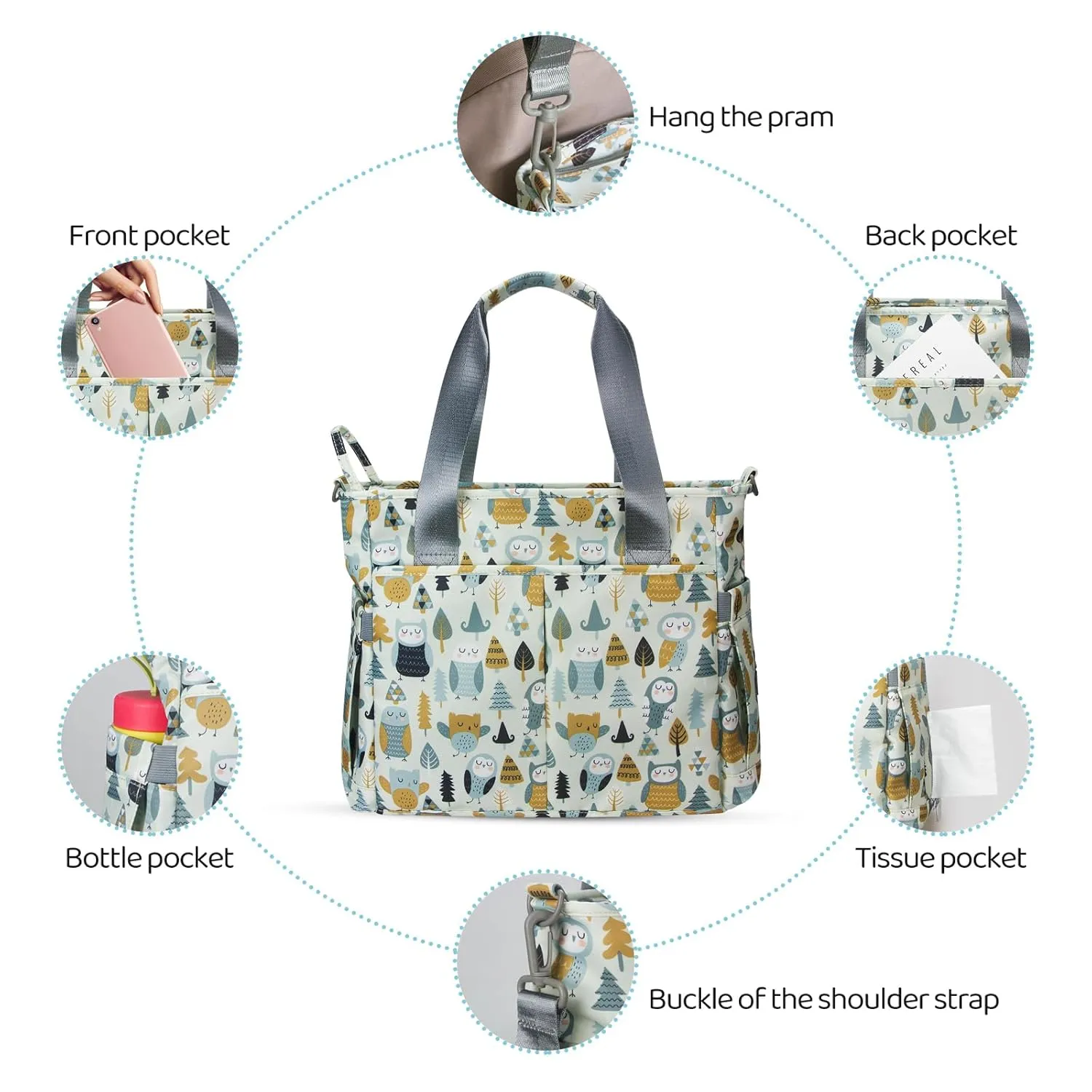 Diaper Bag Tote Satchel Waterproof Messenger Diaper Bags for Mom and Dad Multifunction Large Travel Tote Bags (Cute Owl)