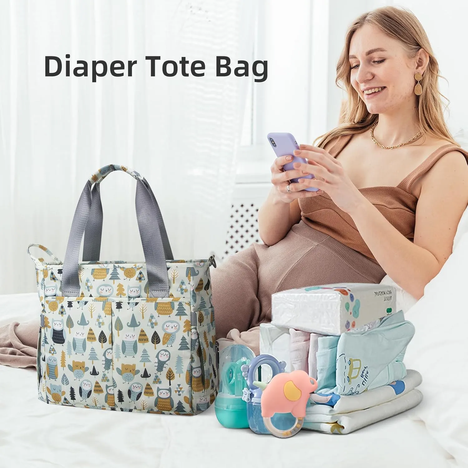 Diaper Bag Tote Satchel Waterproof Messenger Diaper Bags for Mom and Dad Multifunction Large Travel Tote Bags (Cute Owl)