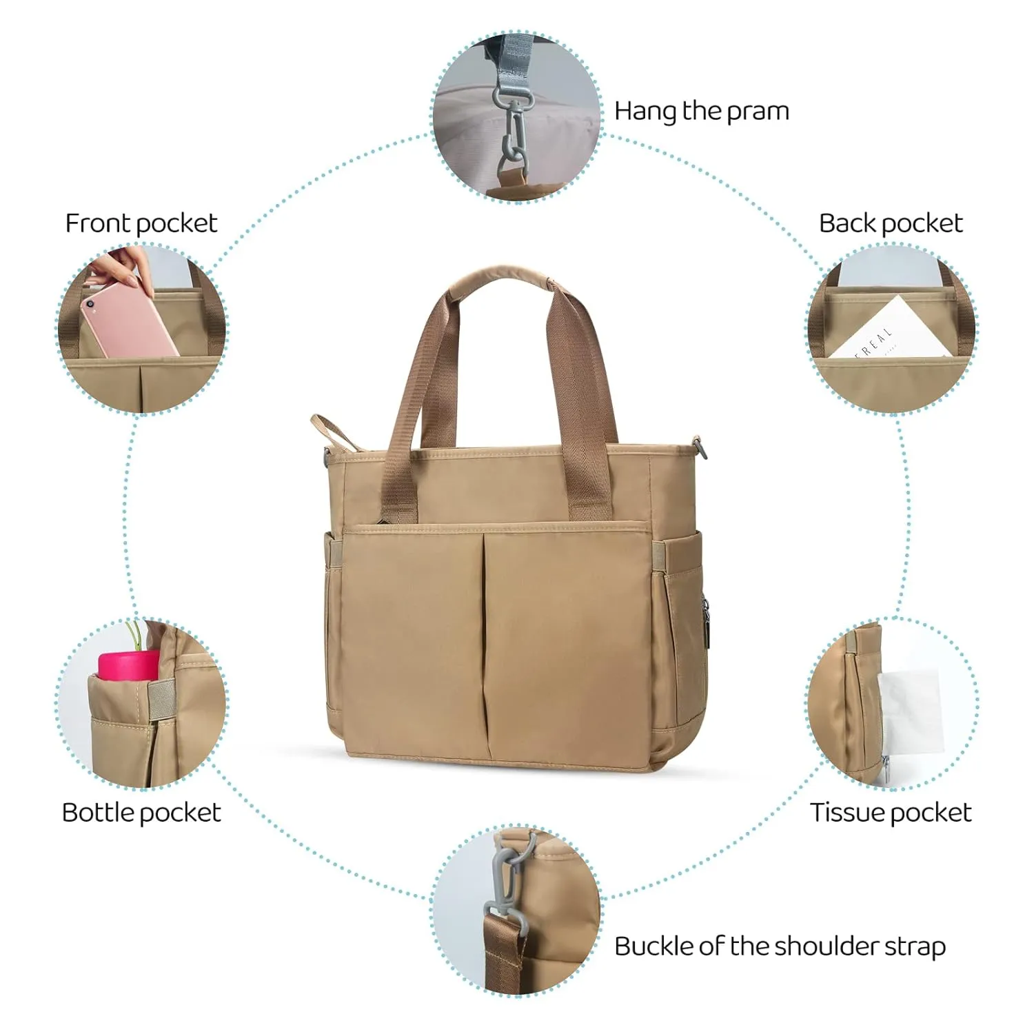 Diaper Bag Tote Satchel Waterproof Messenger Diaper Bags for Mom and Dad Multifunction Large Travel Tote Bags (Khaki)