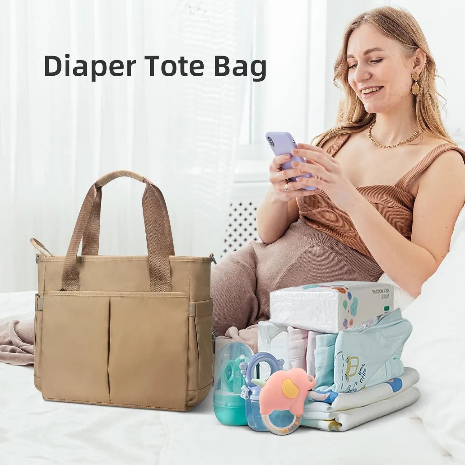Diaper Bag Tote Satchel Waterproof Messenger Diaper Bags for Mom and Dad Multifunction Large Travel Tote Bags (Khaki)