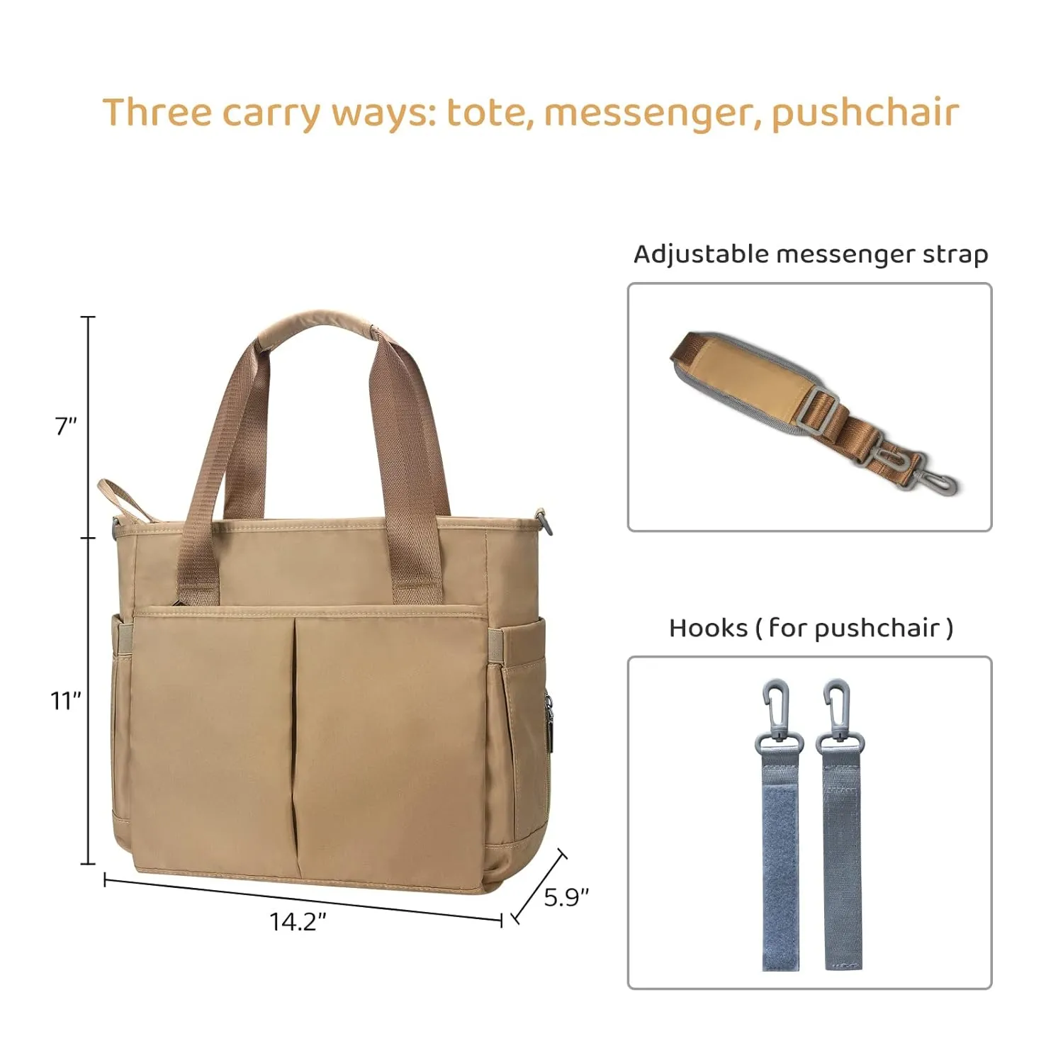 Diaper Bag Tote Satchel Waterproof Messenger Diaper Bags for Mom and Dad Multifunction Large Travel Tote Bags (Khaki)