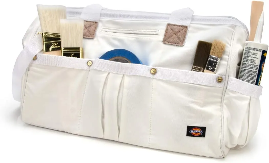 Dickies 20-Inch Durable Canvas Work Bag for Painters, Carpenters, and Builders, Heavy-Duty Zipper, Reinforced Handles, Exterior Pockets, Shoulder Strap, White
