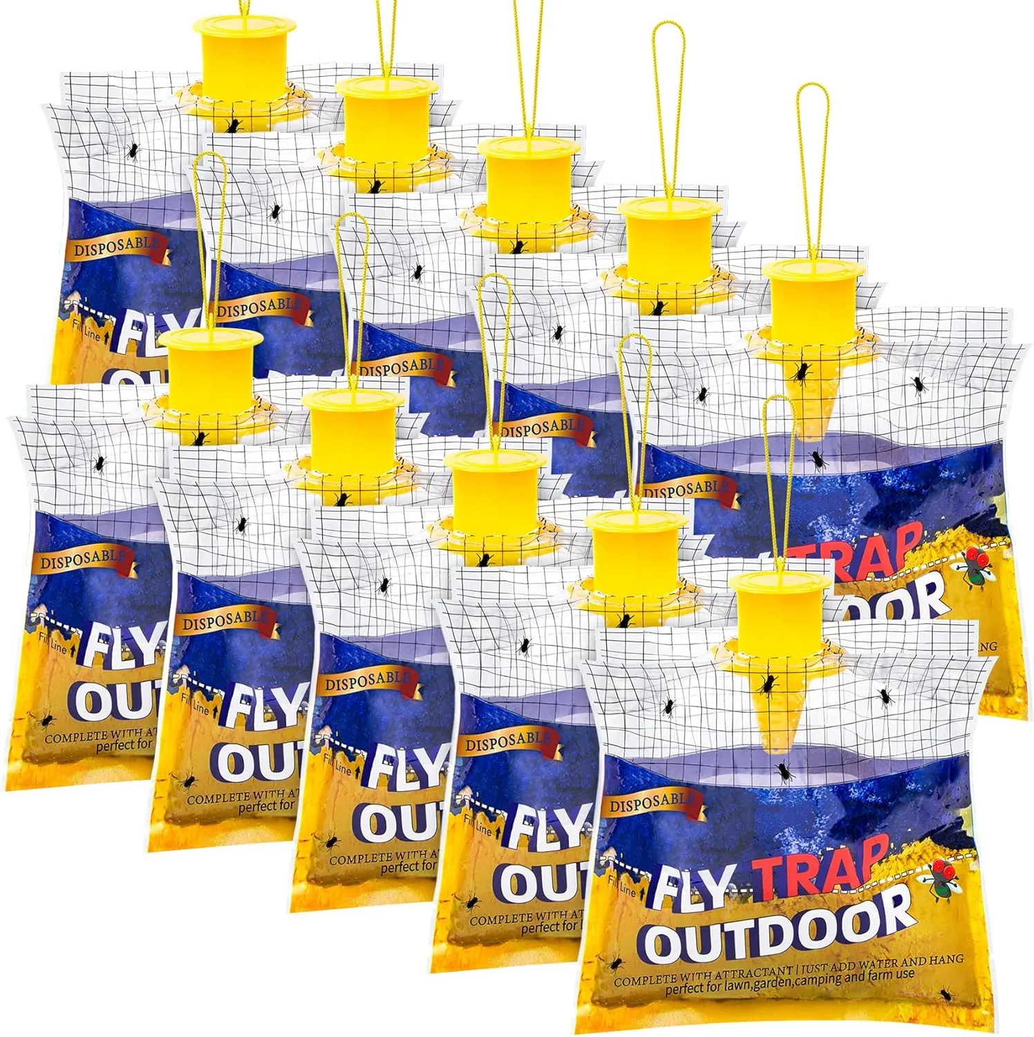 Disposable Fly Traps 10 Pack Bags Outdoor, Flies Catcher Traps with Natural Pre-Bait Refill Repellent, Reusable Stable Horse Ranch Trapper Outdoor Hanging Killer Helps Control