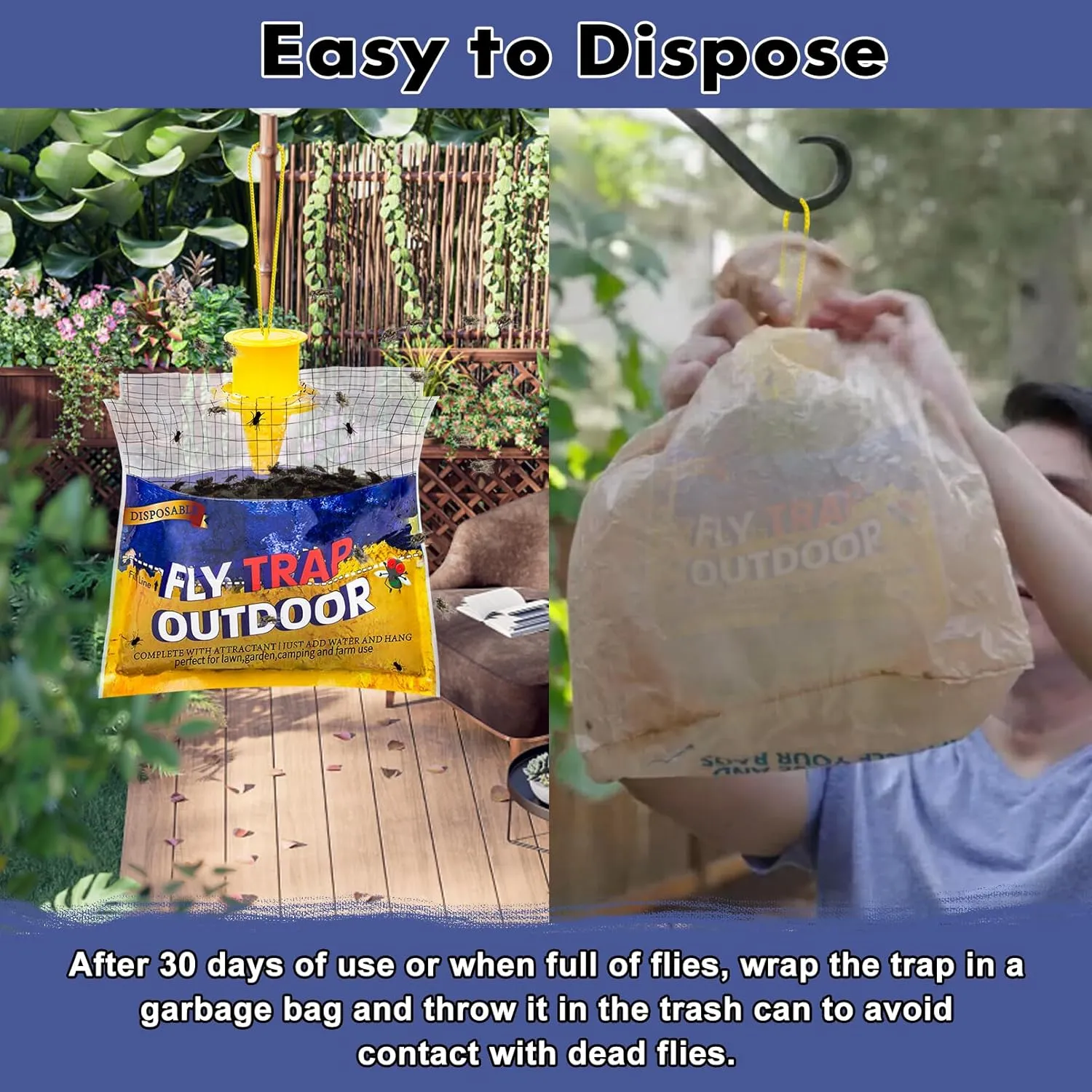 Disposable Fly Traps 4 Pack Bags Outdoor, Flies Catcher Traps with Natural Pre-Bait Refill Repellent, Reusable Stable Horse Ranch Trapper Outdoor Hanging Fly Killer Helps Control Flies