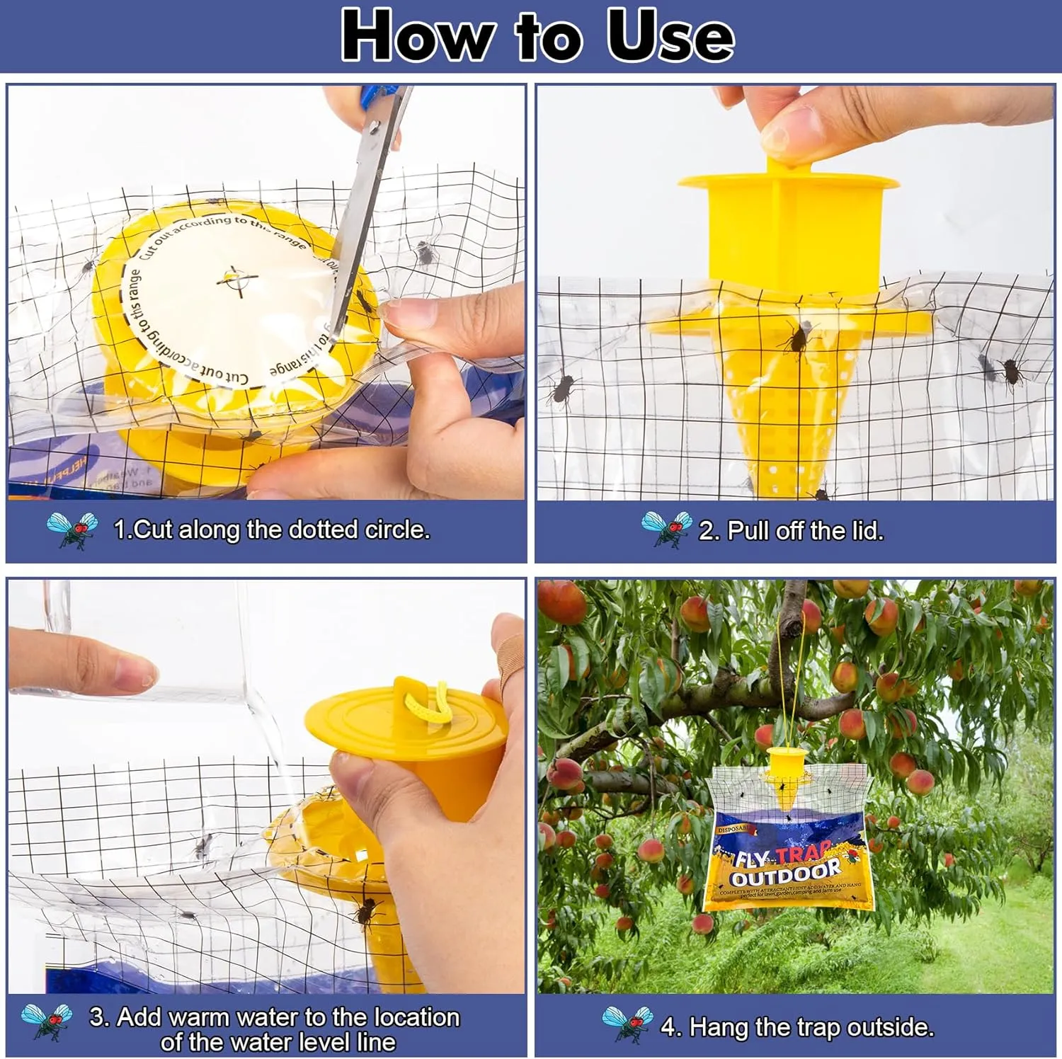Disposable Fly Traps 4 Pack Bags Outdoor, Flies Catcher Traps with Natural Pre-Bait Refill Repellent, Reusable Stable Horse Ranch Trapper Outdoor Hanging Fly Killer Helps Control Flies