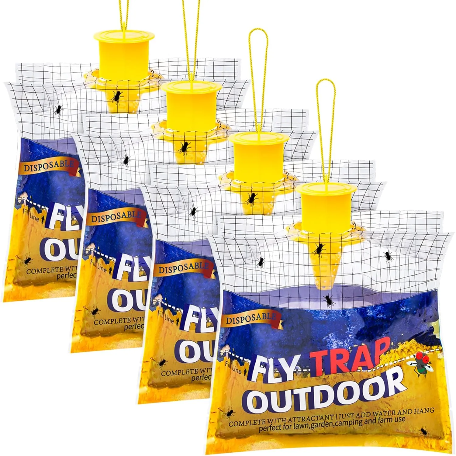 Disposable Fly Traps 4 Pack Bags Outdoor, Flies Catcher Traps with Natural Pre-Bait Refill Repellent, Reusable Stable Horse Ranch Trapper Outdoor Hanging Fly Killer Helps Control Flies