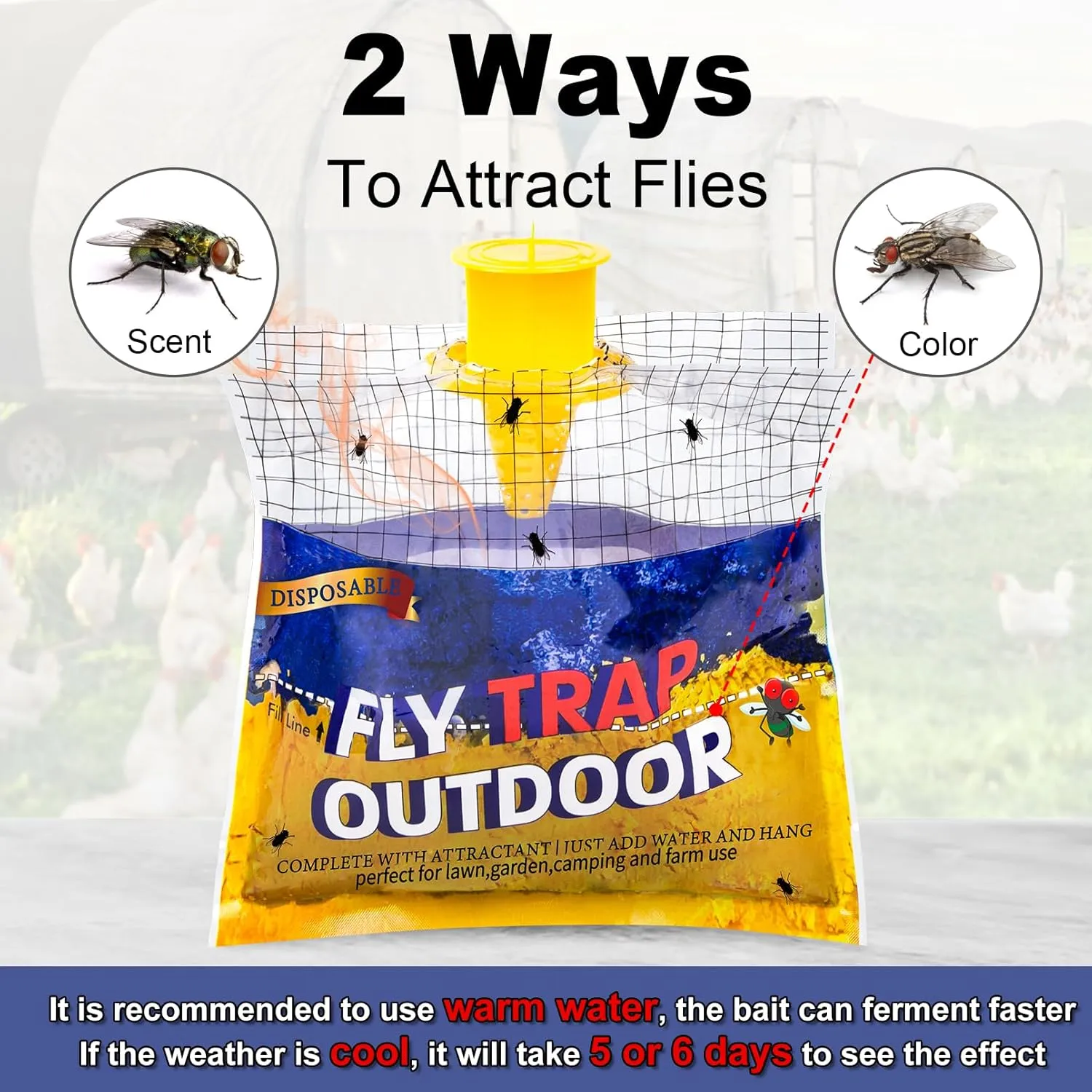 Disposable Fly Traps 4 Pack Bags Outdoor, Flies Catcher Traps with Natural Pre-Bait Refill Repellent, Reusable Stable Horse Ranch Trapper Outdoor Hanging Fly Killer Helps Control Flies