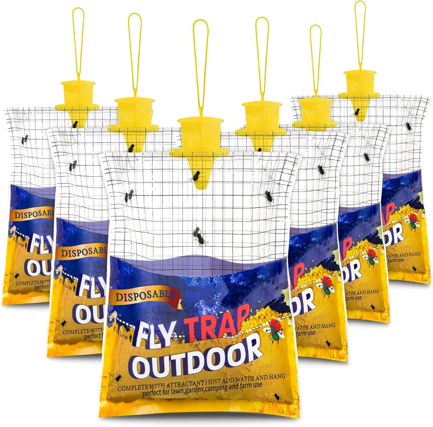 Disposable Fly Traps 6 Pack Big Bags Outdoor, Flies Catcher Traps with Natural Fly Pre-Bait Refill Repellent, Fly Stable Horse Ranch Trapper Outdoor Hanging Fly Killer Helps Control Flies