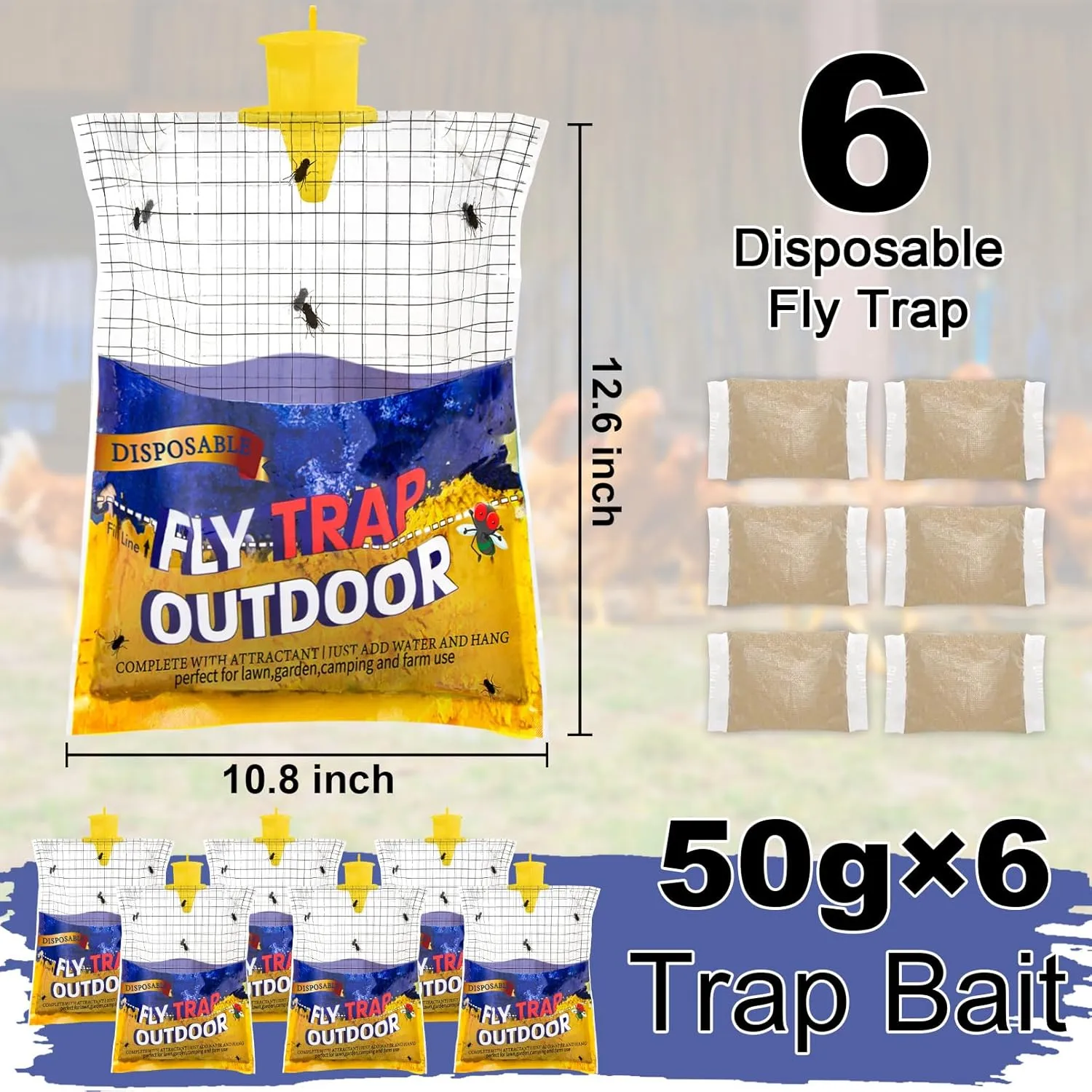 Disposable Fly Traps 6 Pack Big Bags Outdoor, Flies Catcher Traps with Natural Fly Pre-Bait Refill Repellent, Fly Stable Horse Ranch Trapper Outdoor Hanging Fly Killer Helps Control Flies