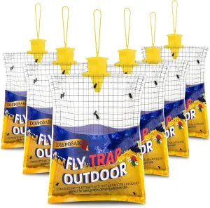 Disposable Fly Traps 6 Pack Big Bags Outdoor, Flies Catcher Traps with Natural Fly Pre-Bait Refill Repellent, Fly Stable Horse Ranch Trapper Outdoor Hanging Fly Killer Helps Control Flies