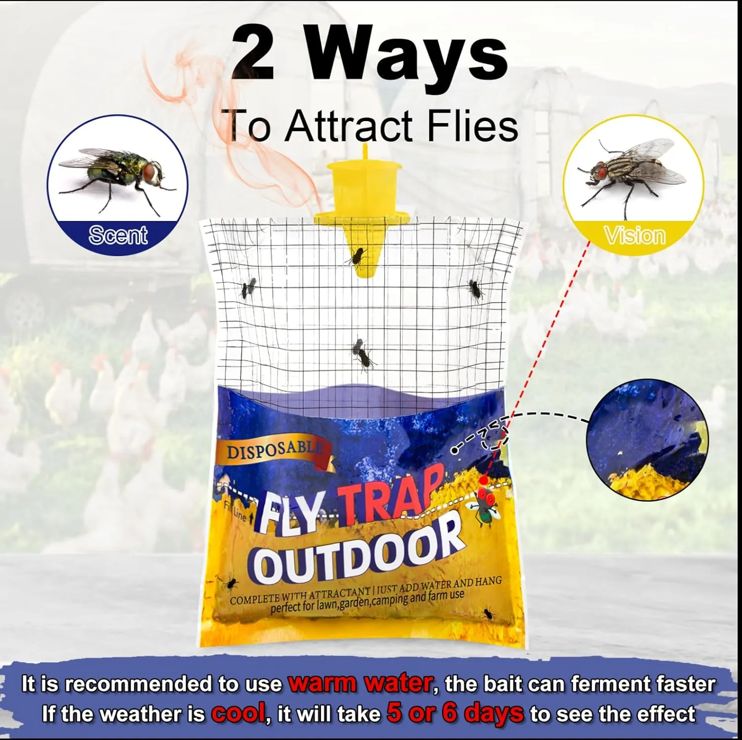Disposable Fly Traps 6 Pack Big Bags Outdoor, Flies Catcher Traps with Natural Fly Pre-Bait Refill Repellent, Fly Stable Horse Ranch Trapper Outdoor Hanging Fly Killer Helps Control Flies