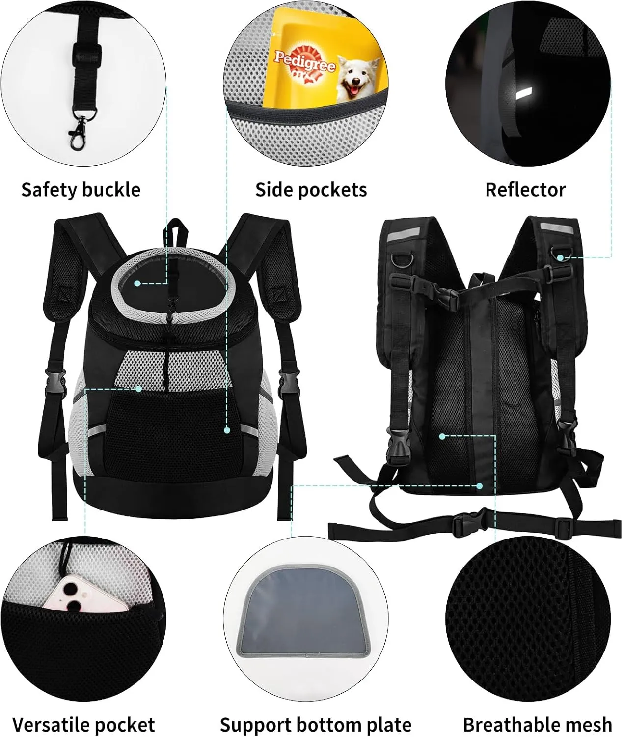 Dog Backpack Carrier, Front Chest Carrier for Dogs, Pet Carrying Bag for Travel Hiking Cycling Outdoor Black L (14-20 lbs)
