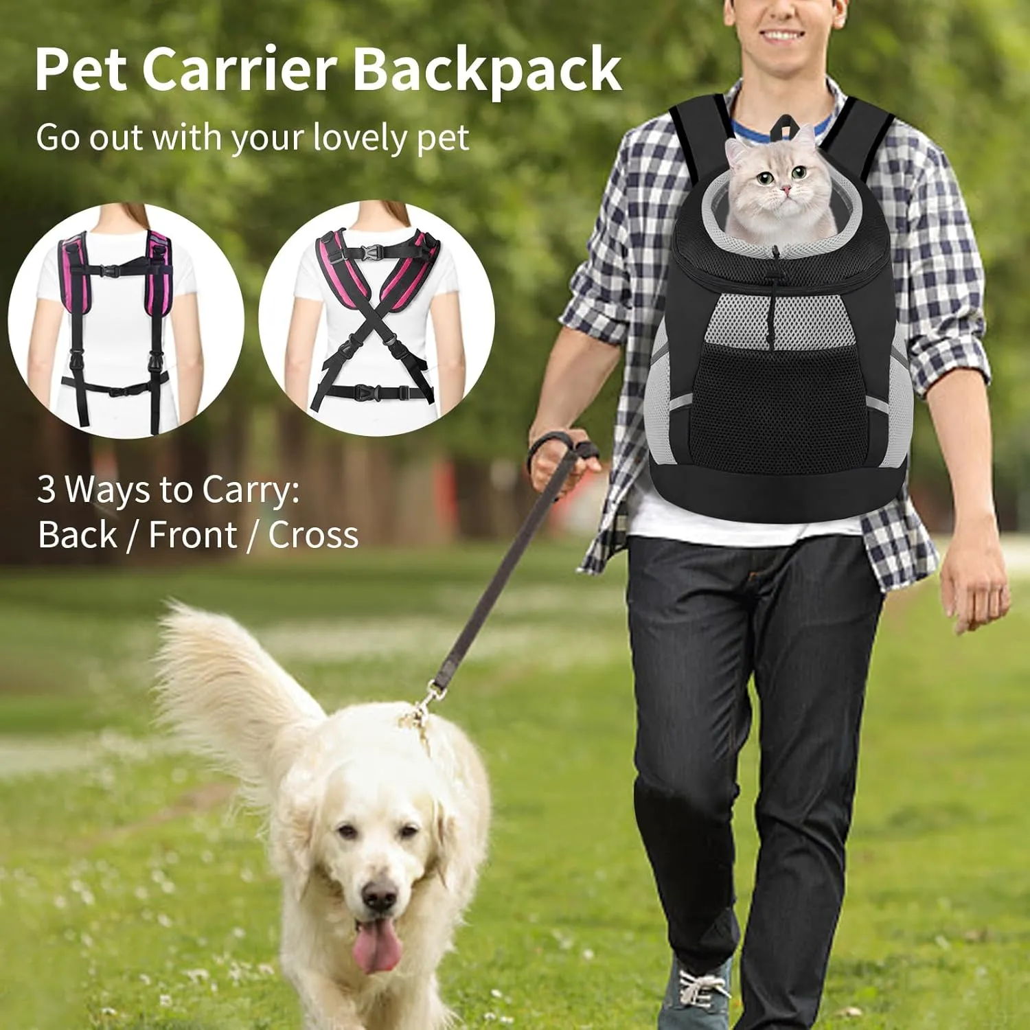Dog Backpack Carrier, Front Chest Carrier for Dogs, Pet Carrying Bag for Travel Hiking Cycling Outdoor Black L (14-20 lbs)
