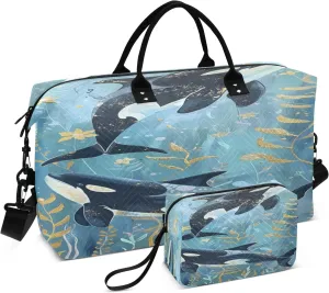 Dolphin Play in Water Travel Duffel Bags with Toiletry Bag for Travel Gym Yoga Weekender Bag