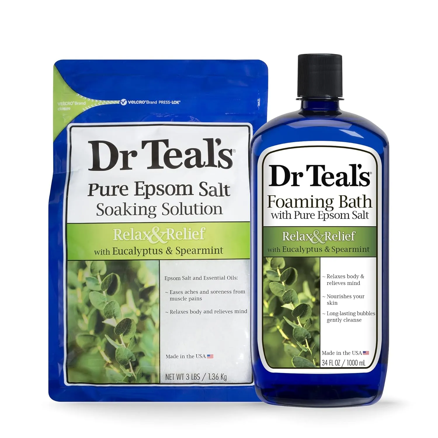Dr Teal's Epsom Salt Soaking Solution and Foaming Bath with Pure Epsom Salt, Eucalyptus 3 Pound Bags, and 34 Ounce Bottle