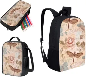 Dragonfly Lotus Retro 3 in 1 School Bags Set Backpacks With Dragonfly Waterlily Hand Drawing Lunch Bags and Pencil Case for Teens Students Boys Girls