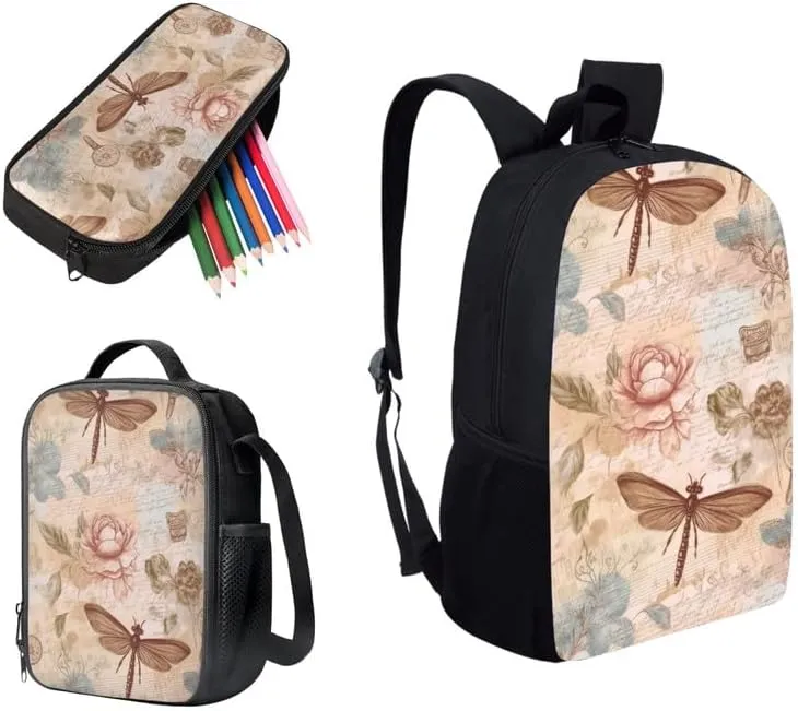 Dragonfly Lotus Retro 3 in 1 School Bags Set Backpacks With Dragonfly Waterlily Hand Drawing Lunch Bags and Pencil Case for Teens Students Boys Girls