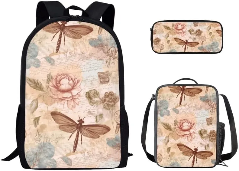 Dragonfly Lotus Retro 3 in 1 School Bags Set Backpacks With Dragonfly Waterlily Hand Drawing Lunch Bags and Pencil Case for Teens Students Boys Girls