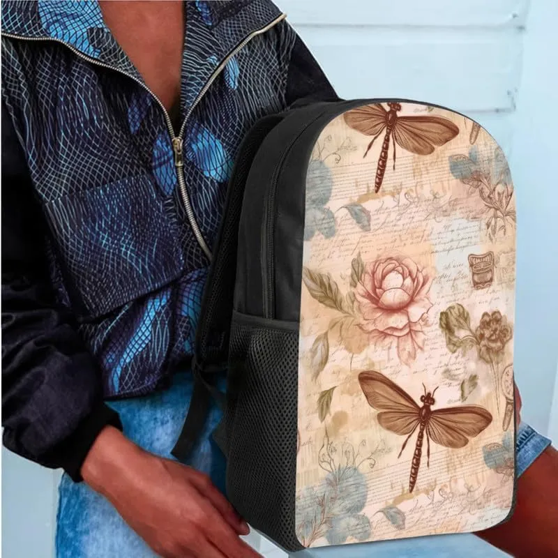 Dragonfly Lotus Retro 3 in 1 School Bags Set Backpacks With Dragonfly Waterlily Hand Drawing Lunch Bags and Pencil Case for Teens Students Boys Girls