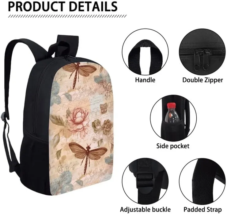 Dragonfly Lotus Retro 3 in 1 School Bags Set Backpacks With Dragonfly Waterlily Hand Drawing Lunch Bags and Pencil Case for Teens Students Boys Girls