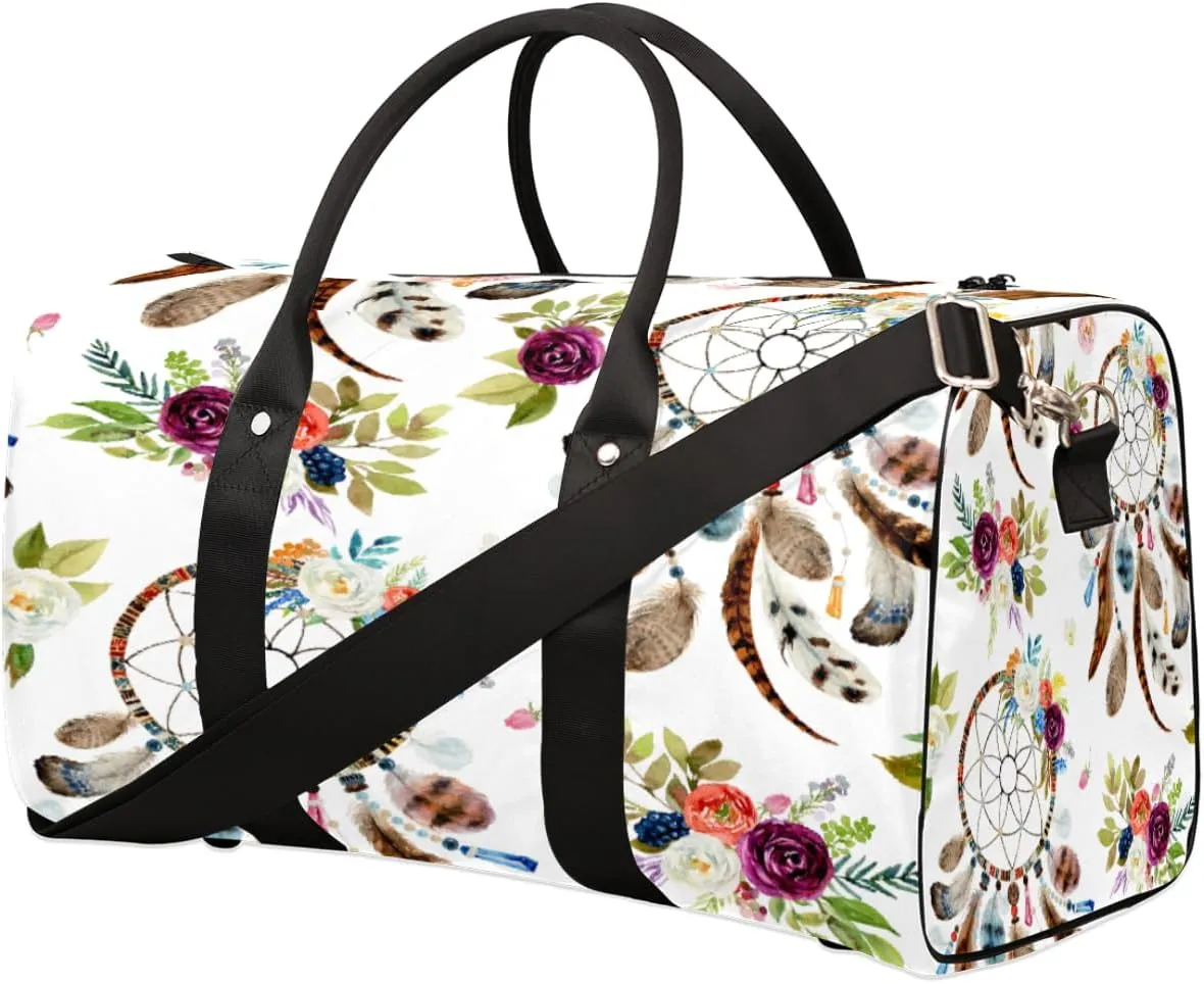 Dream Catcher Travel Duffel Bag, Feather Rose Flower Sports Tote Gym Bag, Foldable Weekender Overnight Bag, Luggage Handle Bag for Women Men