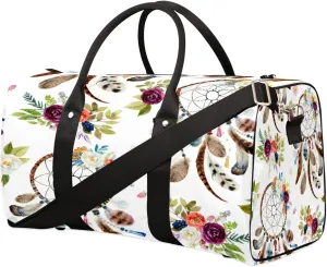 Dream Catcher Travel Duffel Bag, Feather Rose Flower Sports Tote Gym Bag, Foldable Weekender Overnight Bag, Luggage Handle Bag for Women Men