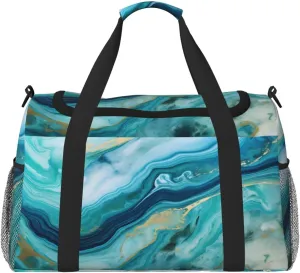 Duffle Bag Teal Turquoise Liquid Marble Print Travel Duffel Bags for Men Women with Adjustable Strap Carry on Gym Bag Overnight Weekender Bag