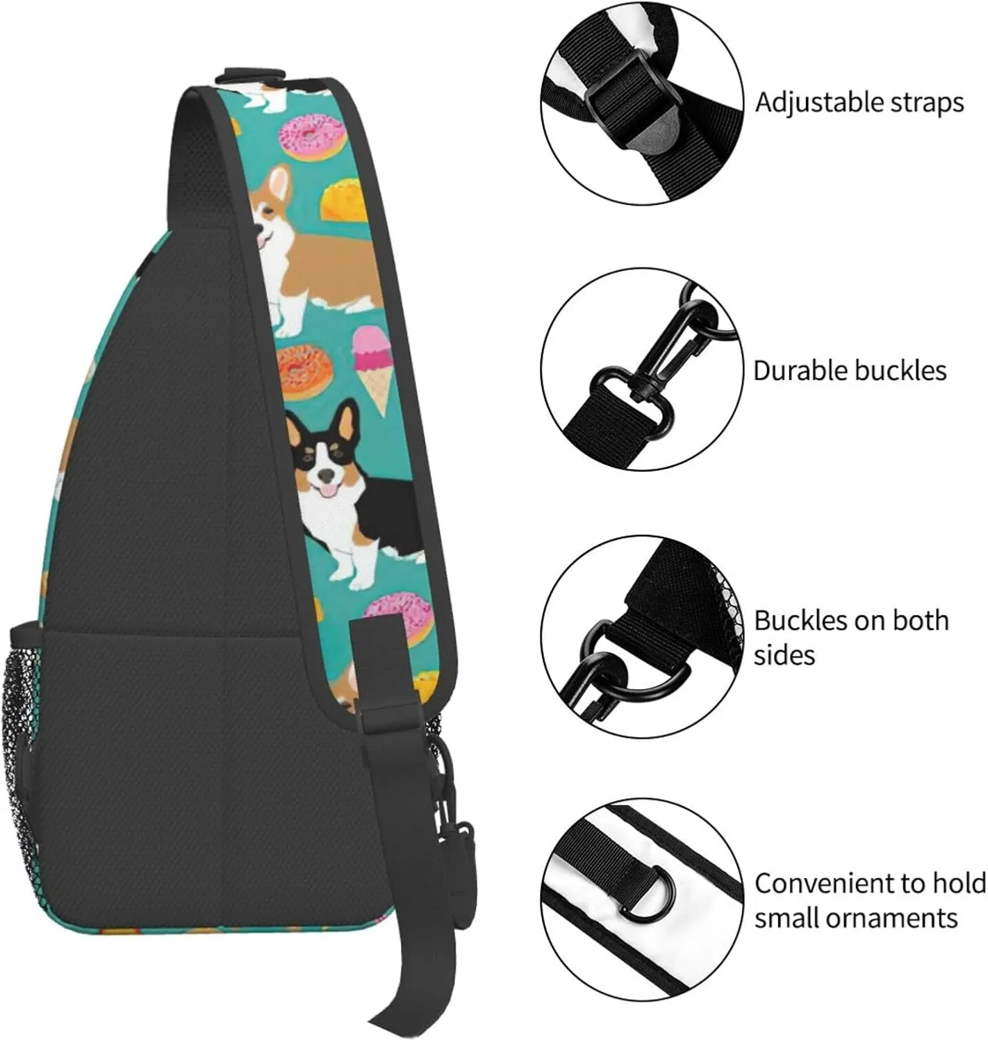 Durable Adjustable Outdoor Hiking Cute Corgi Print Cross Chest Bag Diagonally Single Shoulder Backpack