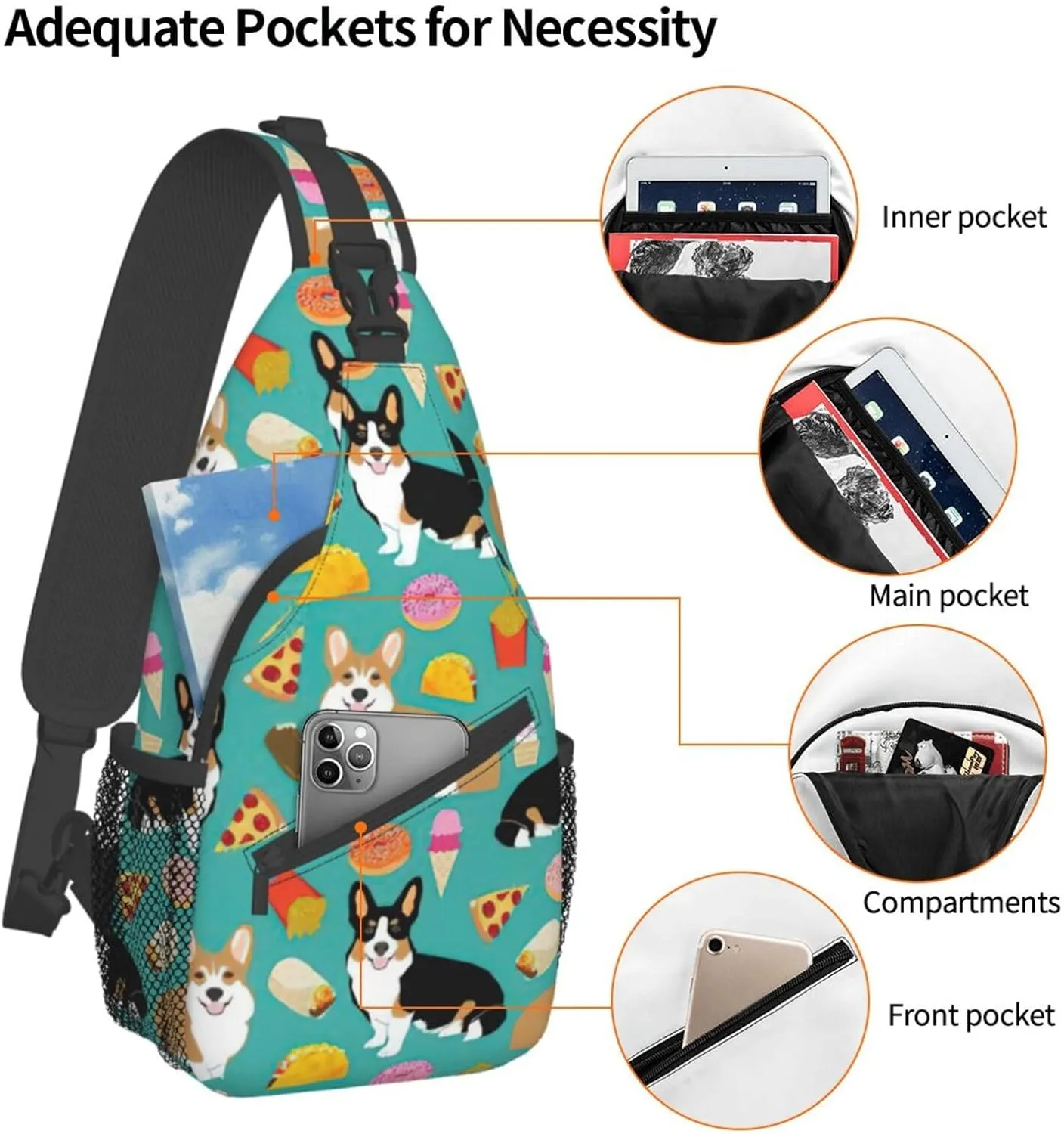 Durable Adjustable Outdoor Hiking Cute Corgi Print Cross Chest Bag Diagonally Single Shoulder Backpack