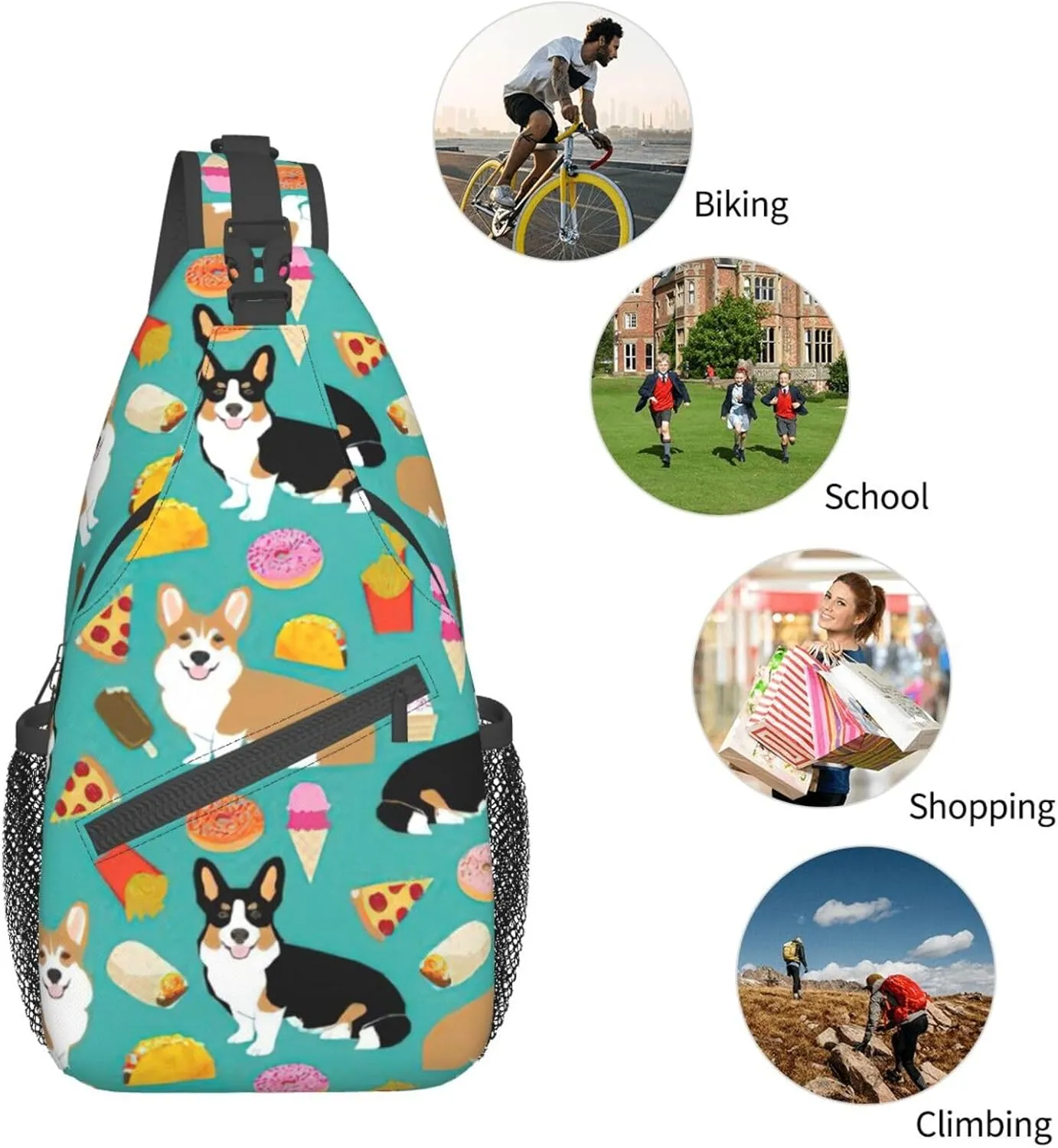 Durable Adjustable Outdoor Hiking Cute Corgi Print Cross Chest Bag Diagonally Single Shoulder Backpack