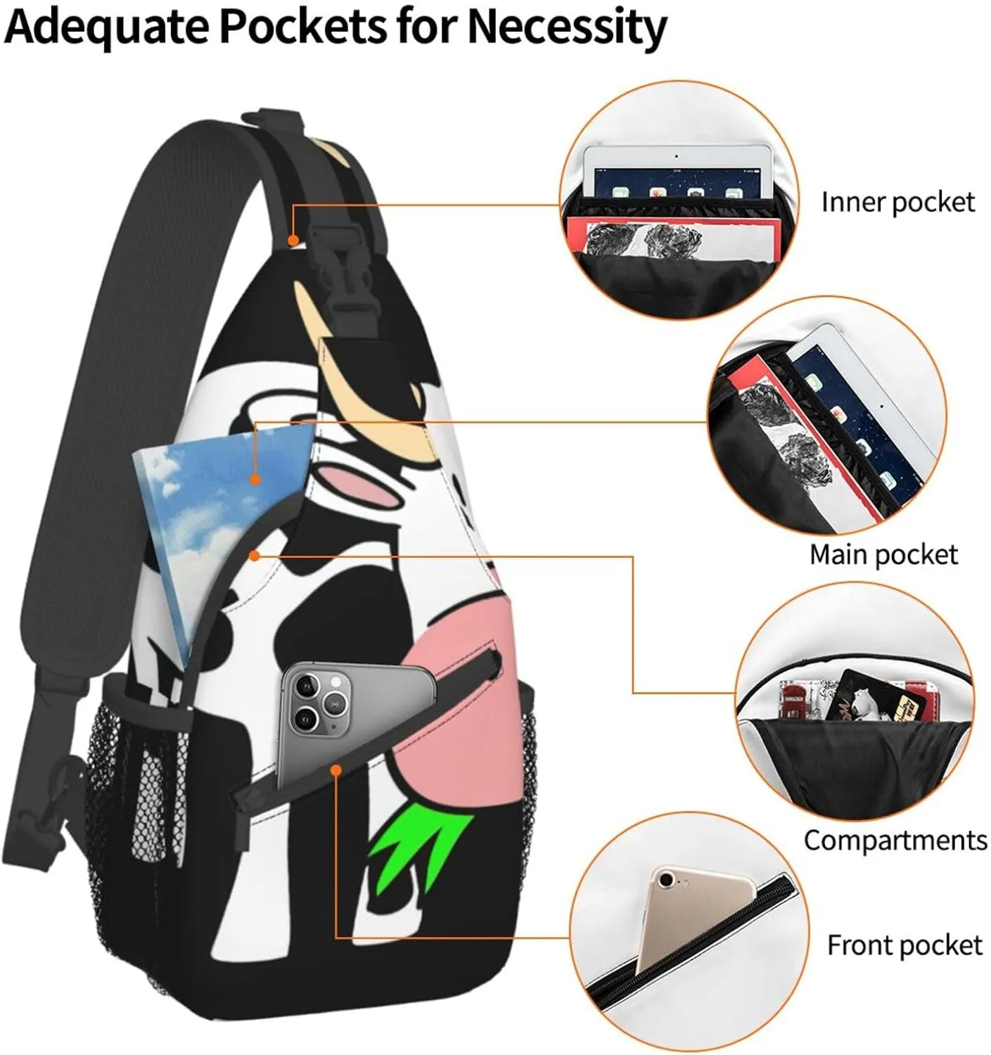 Durable Adjustable Outdoor Hiking cute cow Print Cross Chest Bag Diagonally Single Shoulder Backpack