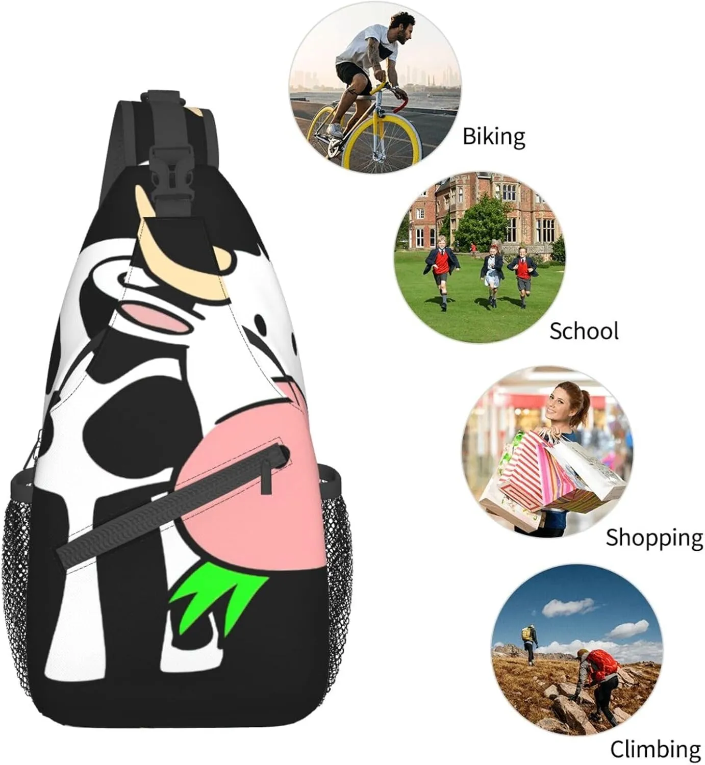 Durable Adjustable Outdoor Hiking cute cow Print Cross Chest Bag Diagonally Single Shoulder Backpack