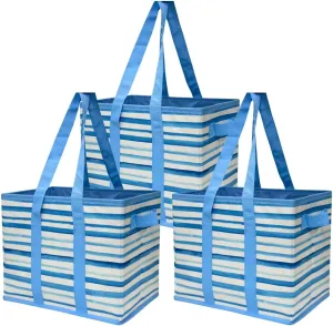 DURASACK Grocery Tote Bag 3-Pack All-Purpose Collapsible Tote Bags with Handles Kitchen Reusable Grocery Bags, Waves